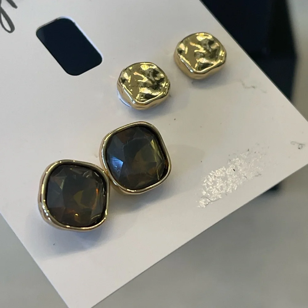 NEW Style & Co Two Piece Set Colored Stone Square Stud Earrings Brown & Gold
